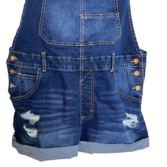 No Boundaries Juniors Denim Shortalls Large Dark Wash Bib Shorts Overalls Jorts - Picture 3 of 7